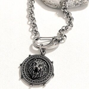 Lion head silver Medallion Necklace stainless steel